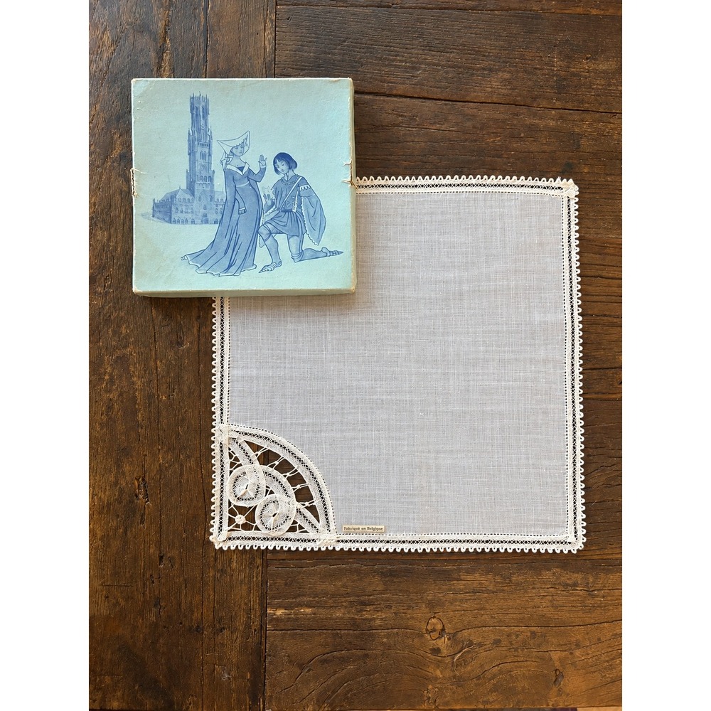 Vintage Belgian Linen Battenberg Lace Handkerchief Boxed Bridal Heirloom Hanky